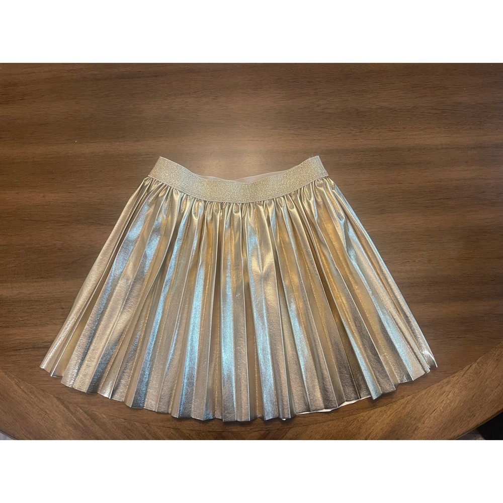 Crewcuts Girls Gold Metallic Pleated Faux Leather Skirt Glitter Waist Size 8 NWT